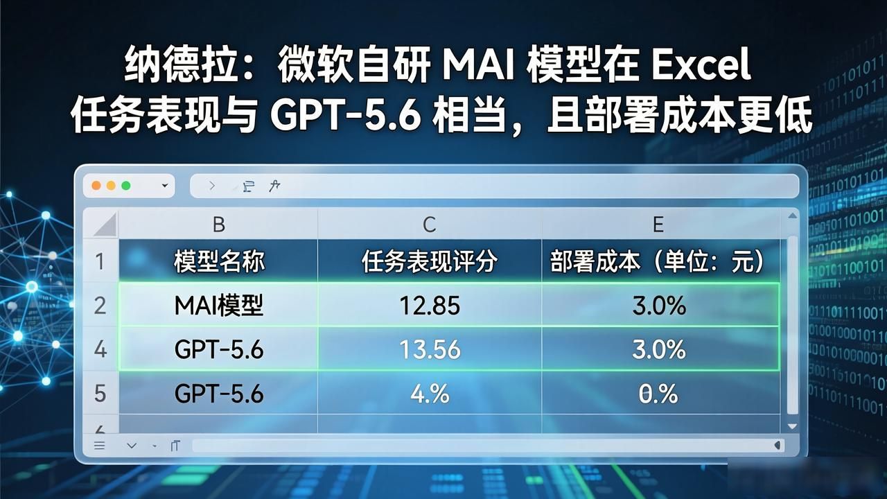 纳德拉：微软自研 MAI 模型在 Excel 任务表现与 GPT-5.6 相当，且部署成本更低